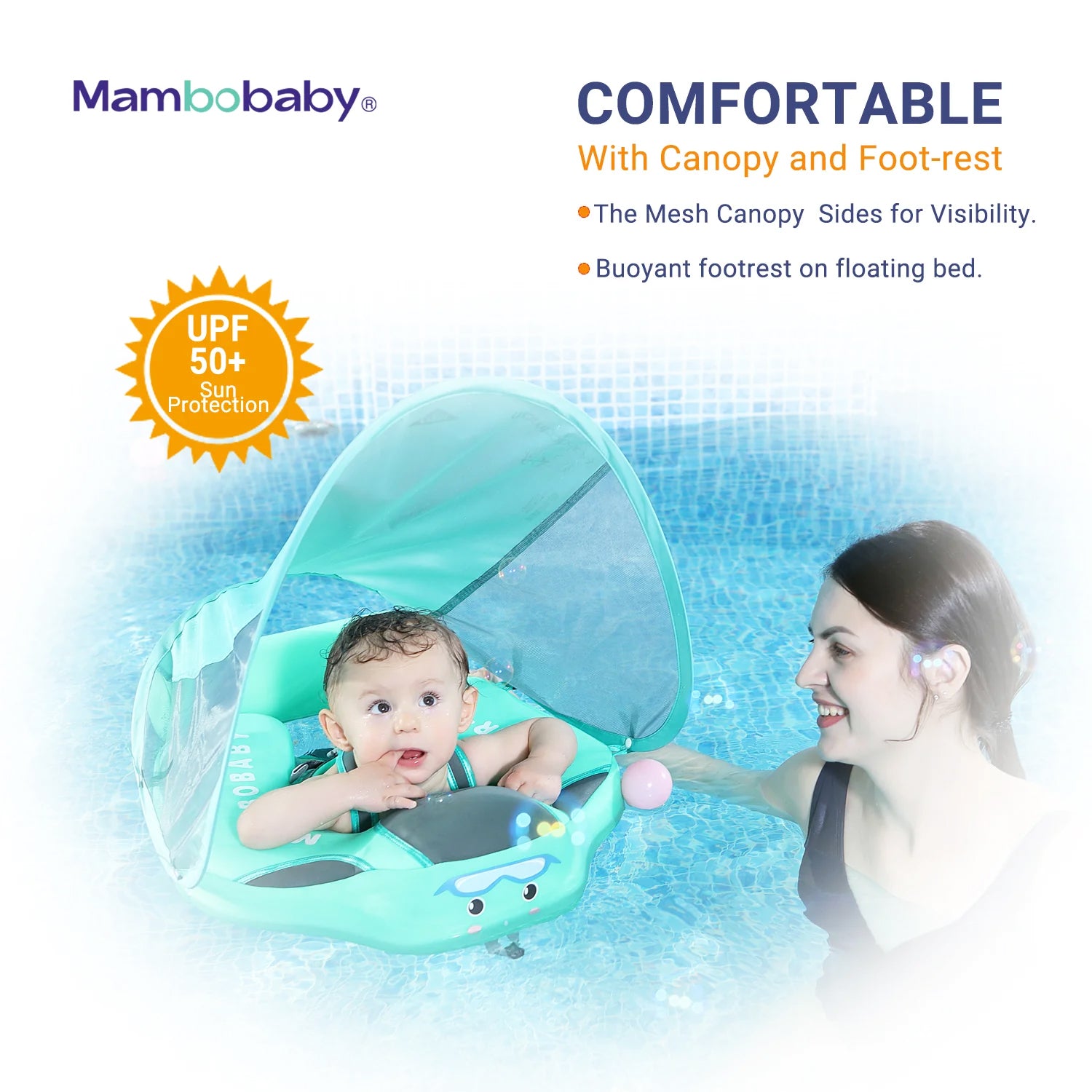 Mambobaby Air-Free Non-Inflatable Deluxe Infant Swim Float with Sun Shade Canopy